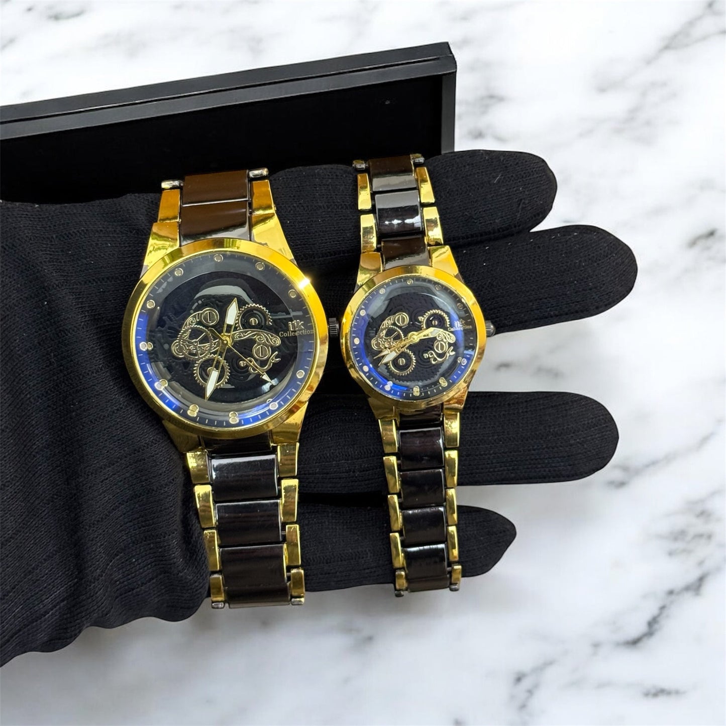 Metallic Colour Couple Skeleton Watch