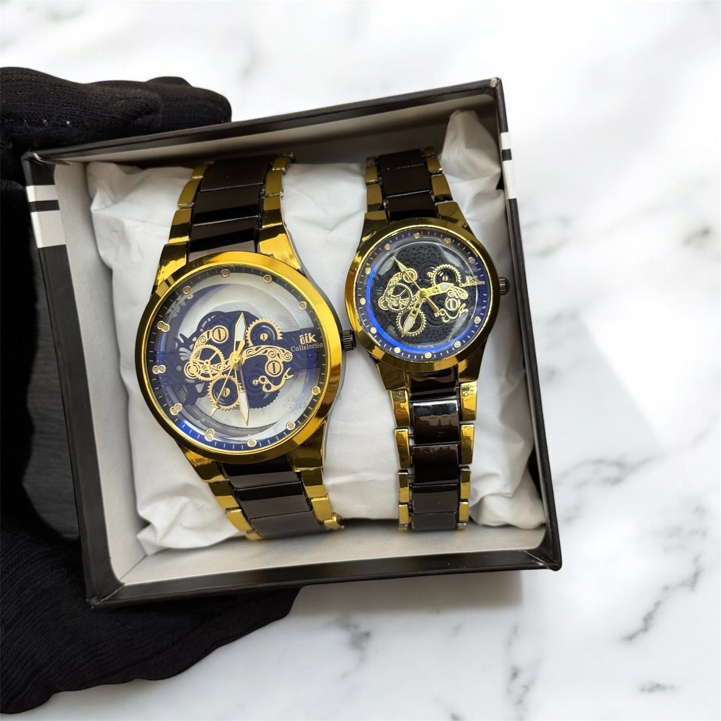 Metallic Colour Couple Skeleton Watch