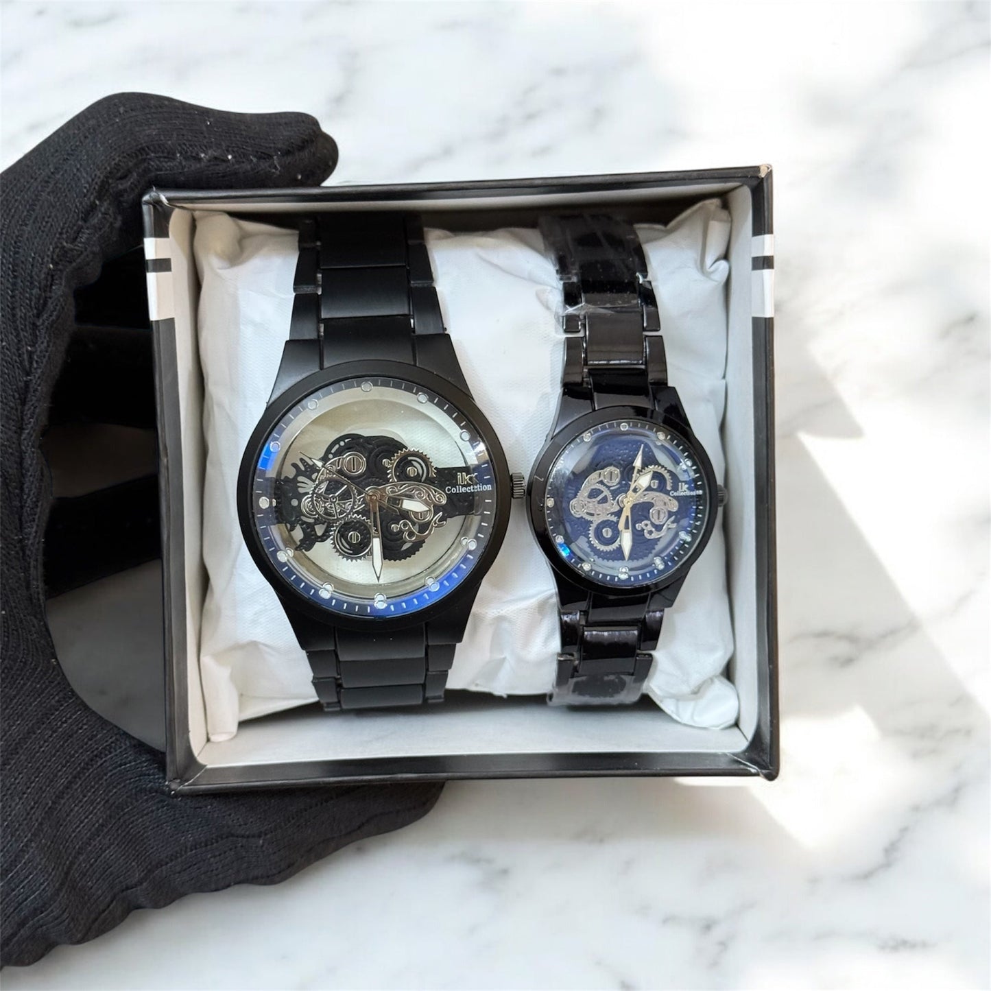 Metallic Colour Couple Skeleton Watch