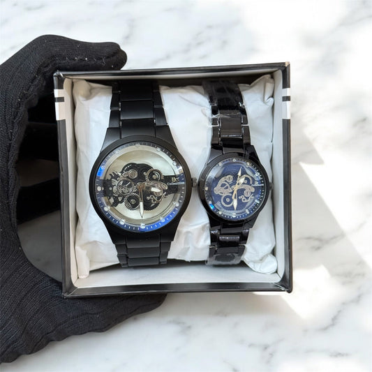 Metallic Colour Couple Skeleton Watch